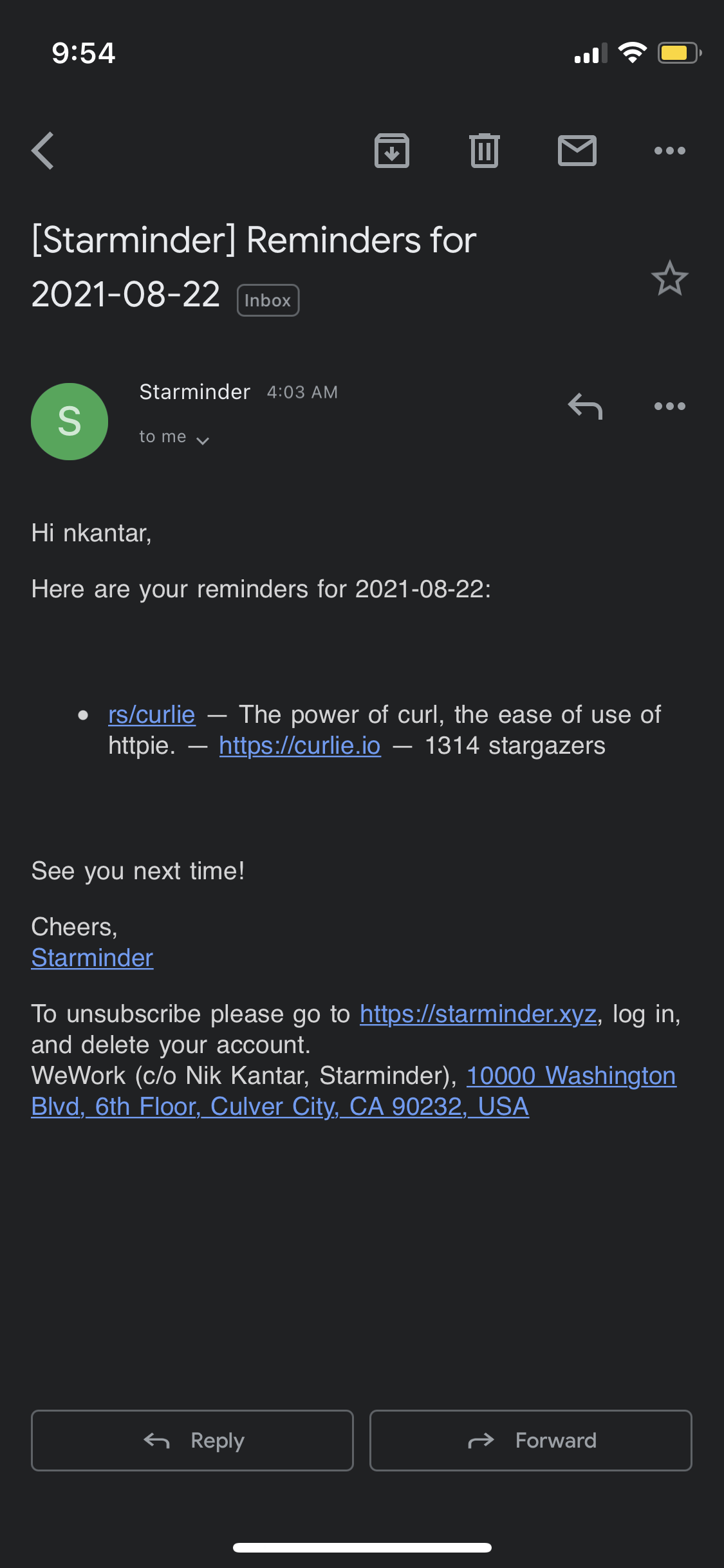 Example Starminder email