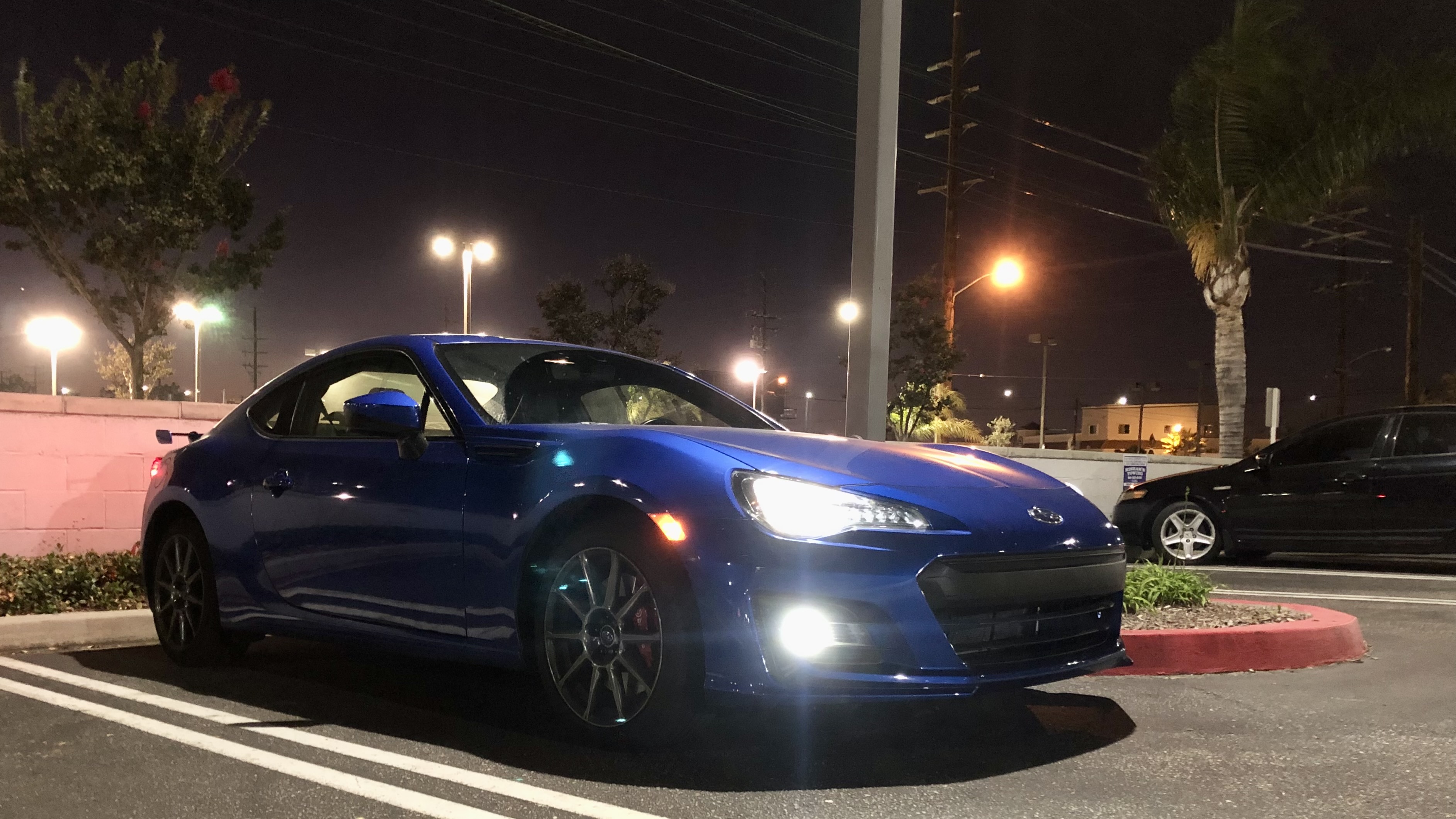 blue 2018 Subaru BRZ at night