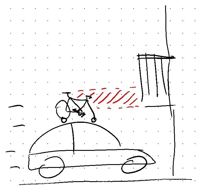 drawing of hatchback with bicycle on top heading toward a building with insufficient clearance