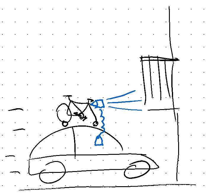 drawing of hatchback with bicycle on top heading toward a building with insufficient clearance