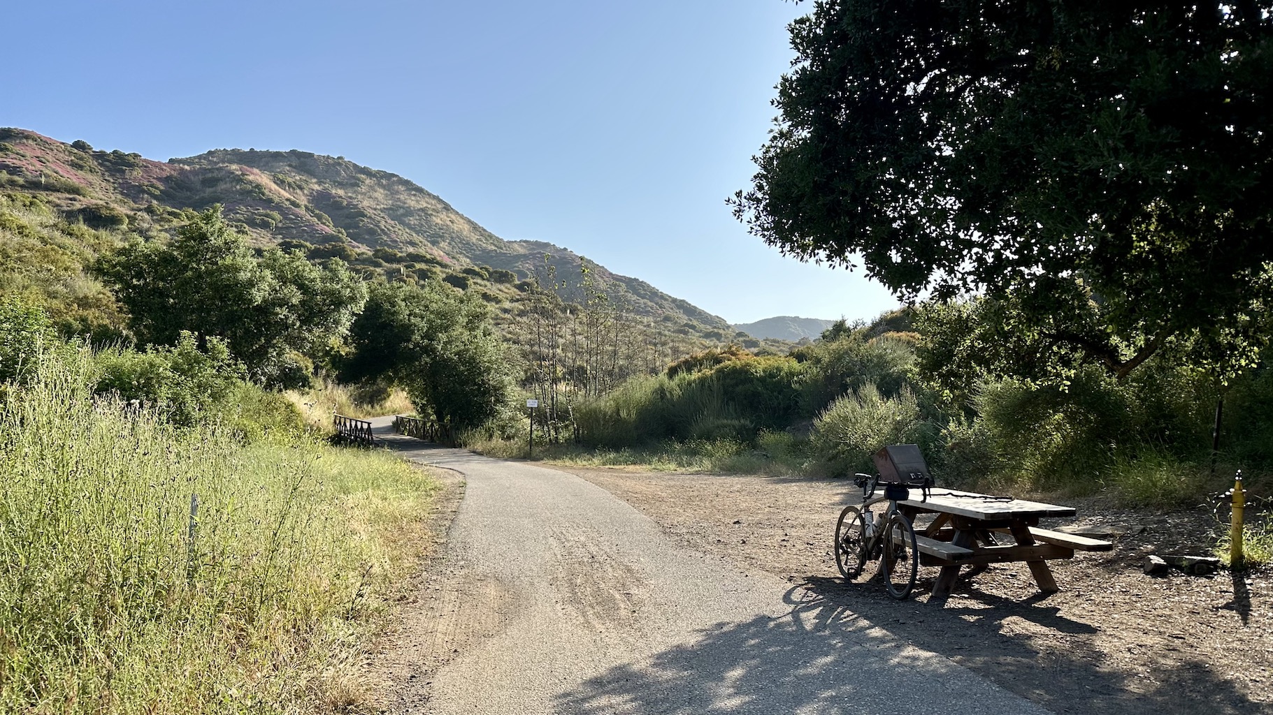 gravel bike leaning against a different picnic table, with a small bridge in the background