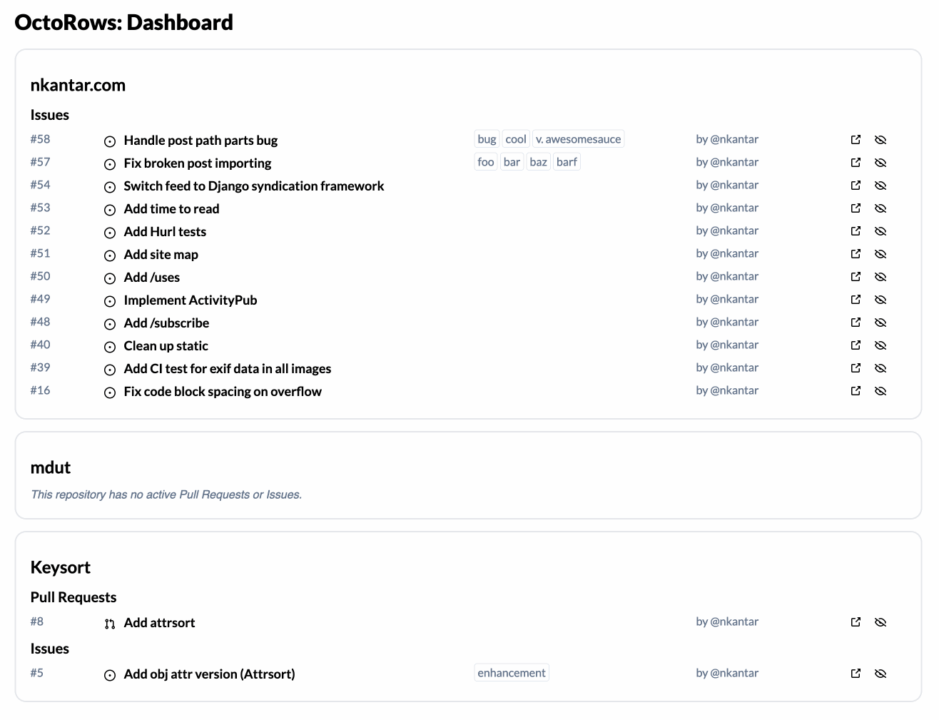 Animated GIF of a table-like UI resembling GitHub projects with some repos, issues, and PRs, and the author clicking on a “hide” icon causing them to disappear