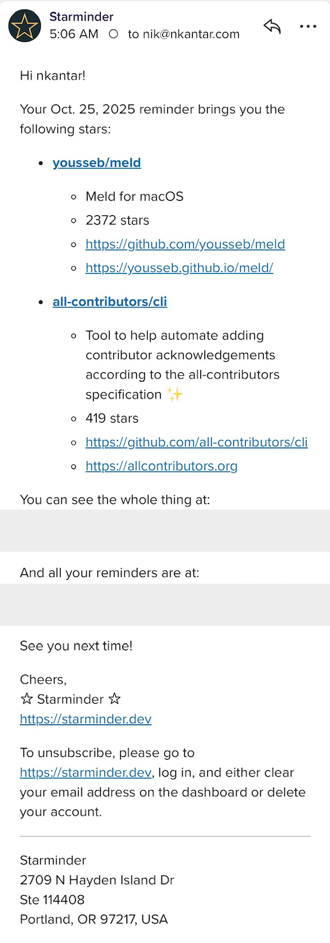Starminder email screenshot of Starminder email
