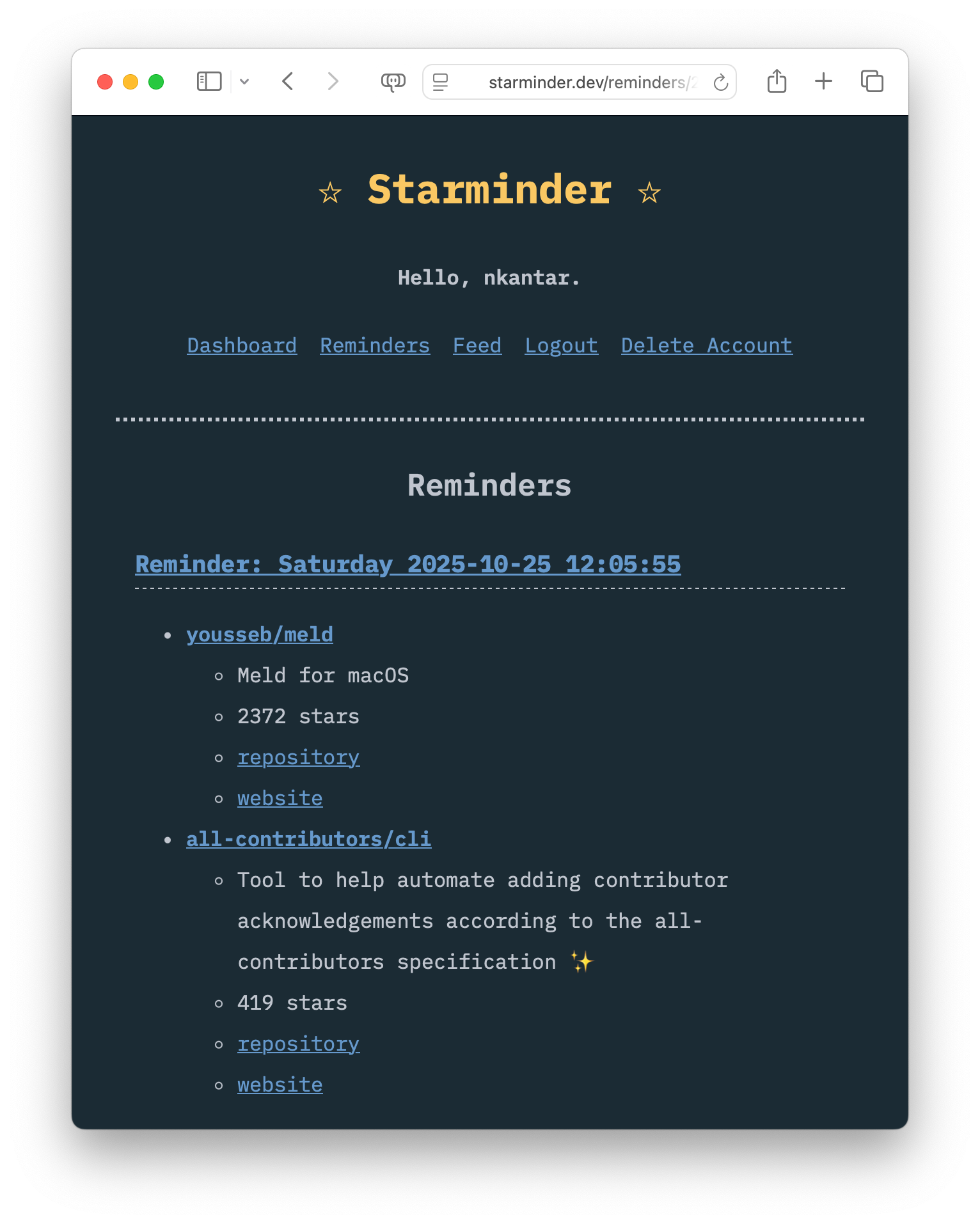 Starminder web page screenshot of Starminder web page